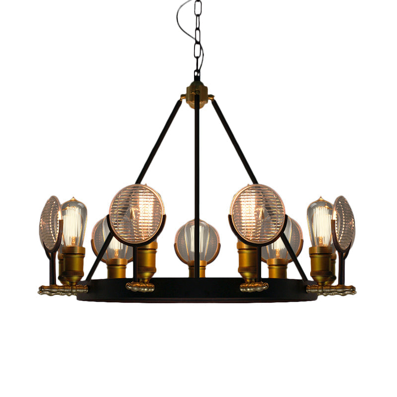 Grid Glass Lens Chandelier Lamp Vintage 6/9/12 Lights Restaurant Hanging Light Kit in Black Clearhalo 'Cast Iron' 'Ceiling Lights' 'Chandeliers' 'Industrial Chandeliers' 'Industrial' 'Metal' 'Middle Century Chandeliers' 'Rustic Chandeliers' 'Tiffany' Lighting' 1472933