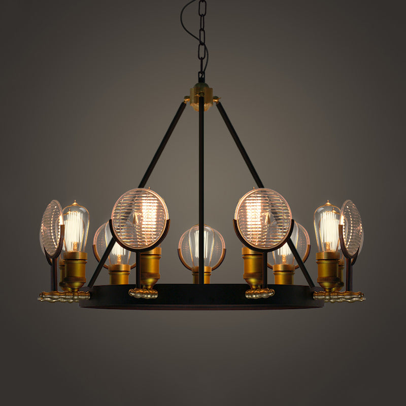 Grid Glass Lens Chandelier Lamp Vintage 6/9/12 Lights Restaurant Hanging Light Kit in Black Clearhalo 'Cast Iron' 'Ceiling Lights' 'Chandeliers' 'Industrial Chandeliers' 'Industrial' 'Metal' 'Middle Century Chandeliers' 'Rustic Chandeliers' 'Tiffany' Lighting' 1472934