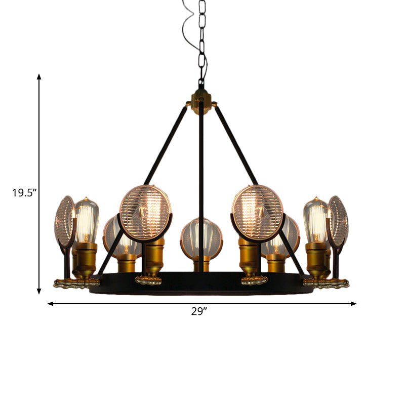 Grid Glass Lens Chandelier Lamp Vintage 6/9/12 Lights Restaurant Hanging Light Kit in Black Clearhalo 'Cast Iron' 'Ceiling Lights' 'Chandeliers' 'Industrial Chandeliers' 'Industrial' 'Metal' 'Middle Century Chandeliers' 'Rustic Chandeliers' 'Tiffany' Lighting' 1472935