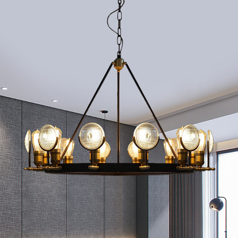 Grid Glass Lens Chandelier Lamp Vintage 6/9/12 Lights Restaurant Hanging Light Kit in Black Clearhalo 'Cast Iron' 'Ceiling Lights' 'Chandeliers' 'Industrial Chandeliers' 'Industrial' 'Metal' 'Middle Century Chandeliers' 'Rustic Chandeliers' 'Tiffany' Lighting' 1472936