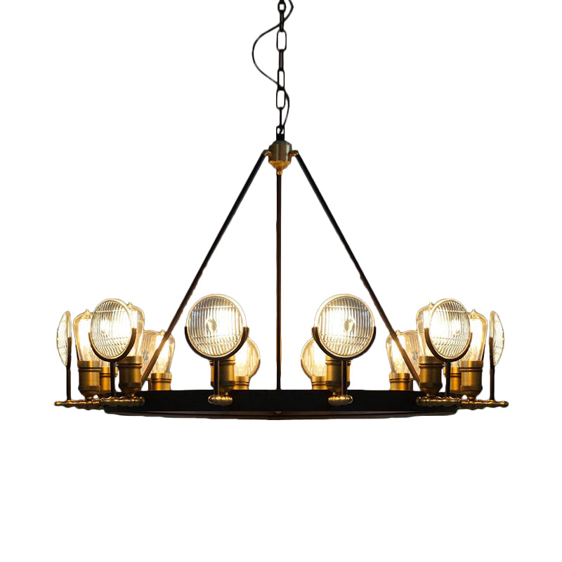 Grid Glass Lens Chandelier Lamp Vintage 6/9/12 Lights Restaurant Hanging Light Kit in Black Clearhalo 'Cast Iron' 'Ceiling Lights' 'Chandeliers' 'Industrial Chandeliers' 'Industrial' 'Metal' 'Middle Century Chandeliers' 'Rustic Chandeliers' 'Tiffany' Lighting' 1472938