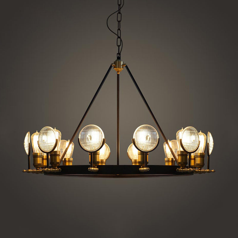 Grid Glass Lens Chandelier Lamp Vintage 6/9/12 Lights Restaurant Hanging Light Kit in Black Clearhalo 'Cast Iron' 'Ceiling Lights' 'Chandeliers' 'Industrial Chandeliers' 'Industrial' 'Metal' 'Middle Century Chandeliers' 'Rustic Chandeliers' 'Tiffany' Lighting' 1472939