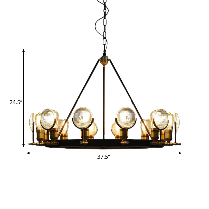 Grid Glass Lens Chandelier Lamp Vintage 6/9/12 Lights Restaurant Hanging Light Kit in Black Clearhalo 'Cast Iron' 'Ceiling Lights' 'Chandeliers' 'Industrial Chandeliers' 'Industrial' 'Metal' 'Middle Century Chandeliers' 'Rustic Chandeliers' 'Tiffany' Lighting' 1472940