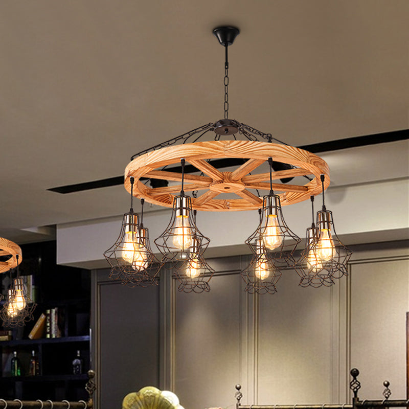 Wagon Wheel Wood Suspension Light Warehouse 6/8-Light Dining Hall Ceiling Chandelier with Wire Cage Clearhalo 'Carpenter Chandeliers' 'Ceiling Lights' 'Chandeliers' 'Industrial Chandeliers' 'Industrial' 'Middle Century Chandeliers' 'Modern' 'Tiffany' Lighting' 1472957