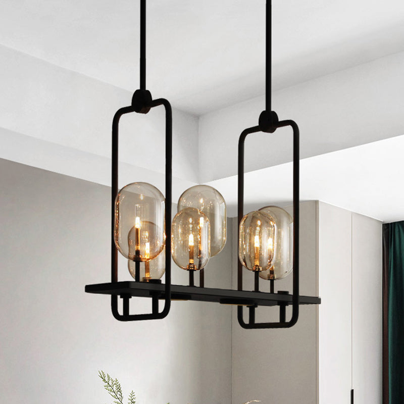 Capsule Restaurant Island Lighting Industrial Amber Glass 6/8 Bulbs Black Hanging Light Fixture Clearhalo 'Ceiling Lights' 'Island Lights' Lighting' 1472965