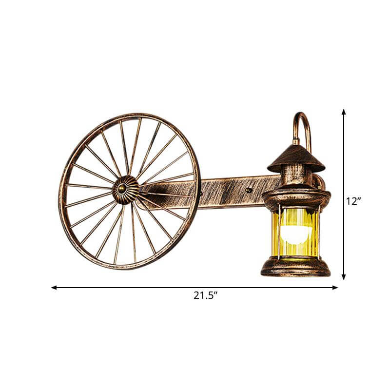 1 Bulb Amber Glass Sconce Coastal Brass Lantern Corner Wall Mounted Light with Wagon Wheel Deco Clearhalo 'Art deco wall lights' 'Cast Iron' 'Glass' 'Industrial wall lights' 'Industrial' 'Middle century wall lights' 'Modern' 'Rustic wall lights' 'Tiffany' 'Traditional wall lights' 'Wall Lamps & Sconces' 'Wall Lights' Lighting' 1473059-sw
