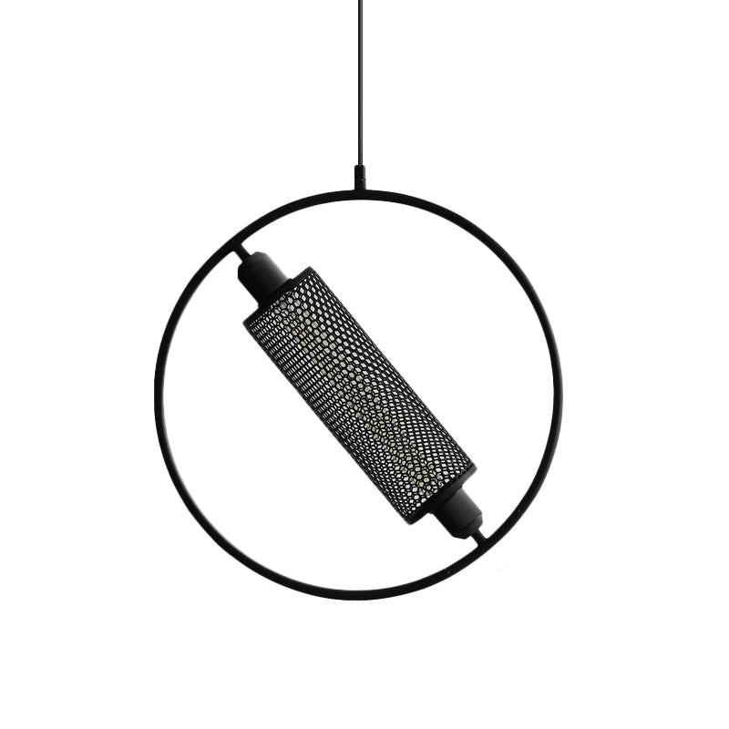 1 Bulb Hanging Ceiling Light Colonial Cylinder Metal Mesh Pendant Lamp with Ring in Black/Gold, 14"/18" Wide Clearhalo 'Ceiling Lights' 'Pendant Lights' 'Pendants' Lighting' 1473097