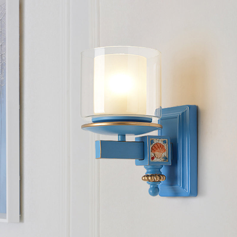 Kids 2 Shades Cup Wall Lamp Kit Clear and Frosted Glass 1 Head Child Room Sconce Fixture with Sky/Water Blue Arm Sky Blue Clearhalo 'Wall Lamps & Sconces' 'Wall Lights' Lighting' 1473325
