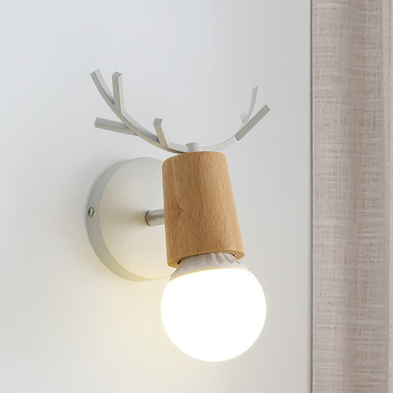 Nordic Shadeless Rotatable Wall Lamp Wood 1 Head Bedroom Sconce Lighting in Black/White with Antler Top Clearhalo 'Wall Lamps & Sconces' 'Wall Lights' Lighting' 1473362