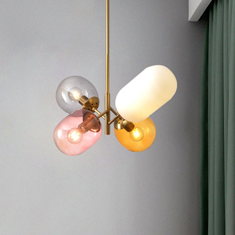 Gold Elliptical Hanging Chandelier Simple 4 Bulbs Multicolored Glass Pendant Lamp for Dining Room Clearhalo 'Ceiling Lights' 'Chandeliers' 'Glass shade' 'Glass' 'Pendant Lights' Lighting' 1473414