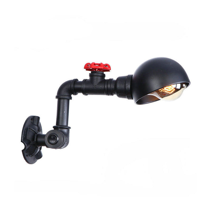 Vintage Style Pipe Wall Light Sconce with Dome Shade and Valve Wheel 1 Light Metallic Wall Fixture Light in Black Clearhalo 'Art deco wall lights' 'Cast Iron' 'Glass' 'Industrial wall lights' 'Industrial' 'Middle century wall lights' 'Modern' 'Rustic wall lights' 'Tiffany' 'Traditional wall lights' 'Wall Lamps & Sconces' 'Wall Lights' Lighting' 147345