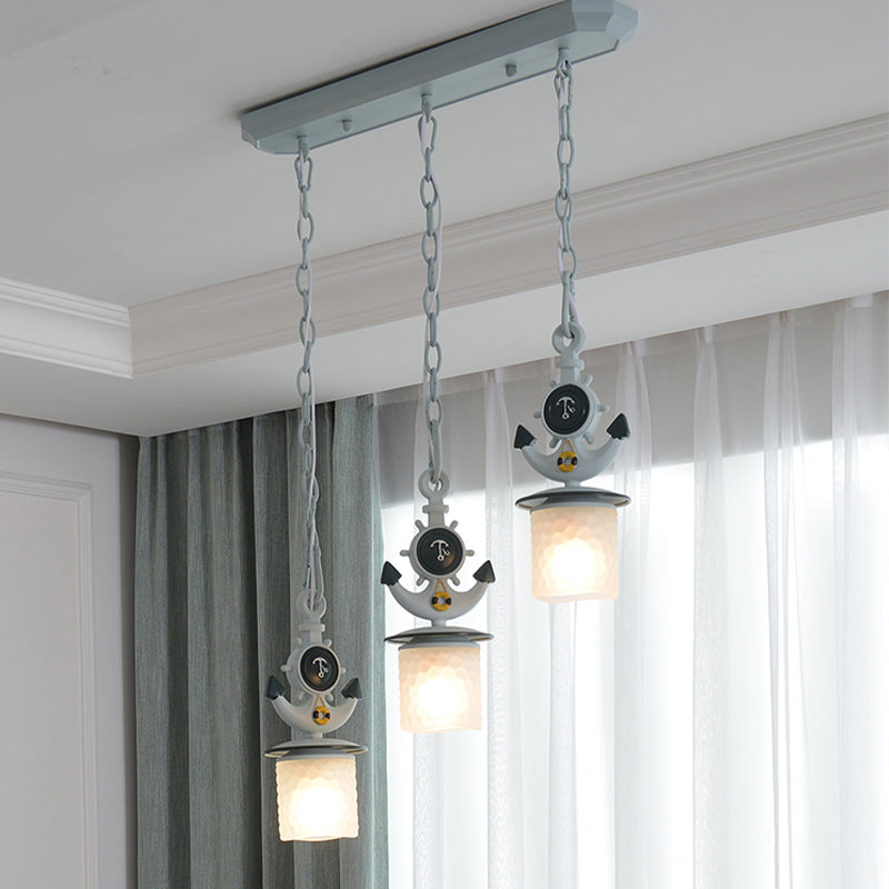 Kids Cylindrical Cluster Pendant Light Opal Glass 3 Bulbs Bedroom Down Lighting in Blue with Round/Linear Canopy Clearhalo 'Ceiling Lights' 'Glass shade' 'Glass' 'Pendant Lights' 'Pendants' Lighting' 1473511