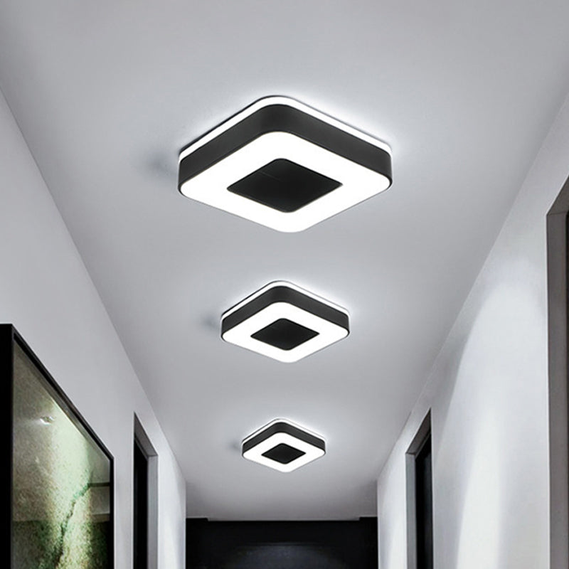 LED Corridor Ceiling Light Simple Black/White Flush Mounted Lamp with Small Square/Round Acrylic Frame, Warm/White Light Black Square Plate Clearhalo 'Ceiling Lights' 'Close To Ceiling Lights' 'Close to ceiling' 'Flush mount' Lighting' 1473597