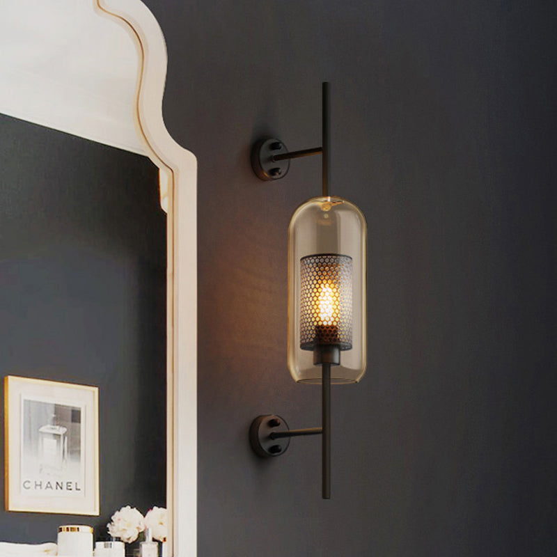 Cognac Glass Black Wall Lamp Oblong 1 Bulb Colonial Wall Mounted Light with Inner Column Mesh Screen, 5"/6" W Clearhalo 'Wall Lamps & Sconces' 'Wall Lights' Lighting' 1473654