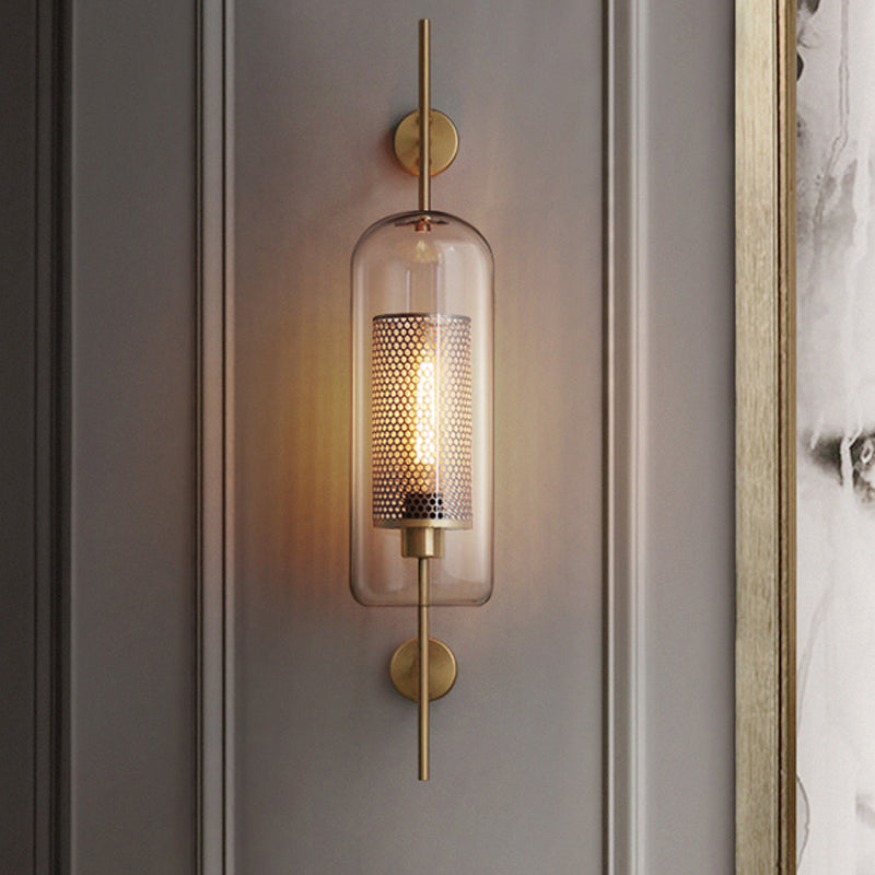 5"/6" W Clear Glass Oval Wall Sconce Colonialism 1 Bulb Bedroom Wall Lighting Fixture with Mesh Screen in Bronze/Silver Gray Clearhalo 'Wall Lamps & Sconces' 'Wall Lights' Lighting' 1473658