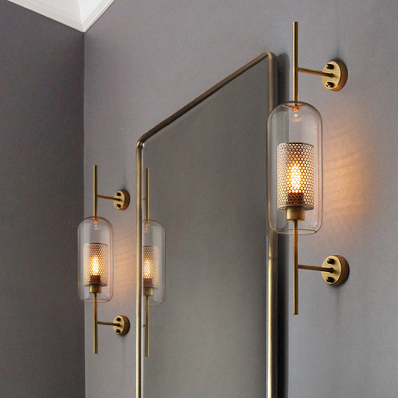 5"/6" W Clear Glass Oval Wall Sconce Colonialism 1 Bulb Bedroom Wall Lighting Fixture with Mesh Screen in Bronze/Silver Gray Bronze 5" Clearhalo 'Wall Lamps & Sconces' 'Wall Lights' Lighting' 1473659