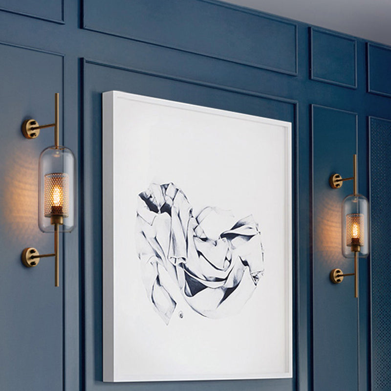 5"/6" W Clear Glass Oval Wall Sconce Colonialism 1 Bulb Bedroom Wall Lighting Fixture with Mesh Screen in Bronze/Silver Gray Clearhalo 'Wall Lamps & Sconces' 'Wall Lights' Lighting' 1473660