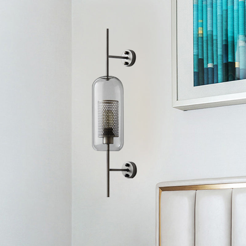 5"/6" W Clear Glass Oval Wall Sconce Colonialism 1 Bulb Bedroom Wall Lighting Fixture with Mesh Screen in Bronze/Silver Gray Clearhalo 'Wall Lamps & Sconces' 'Wall Lights' Lighting' 1473665