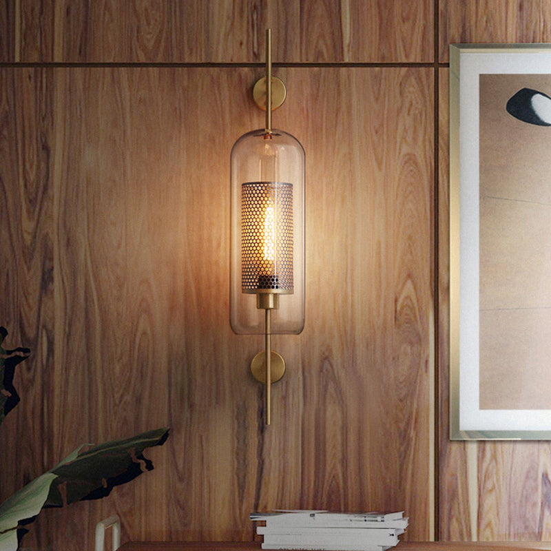 5"/6" W Clear Glass Oval Wall Sconce Colonialism 1 Bulb Bedroom Wall Lighting Fixture with Mesh Screen in Bronze/Silver Gray Clearhalo 'Wall Lamps & Sconces' 'Wall Lights' Lighting' 1473668