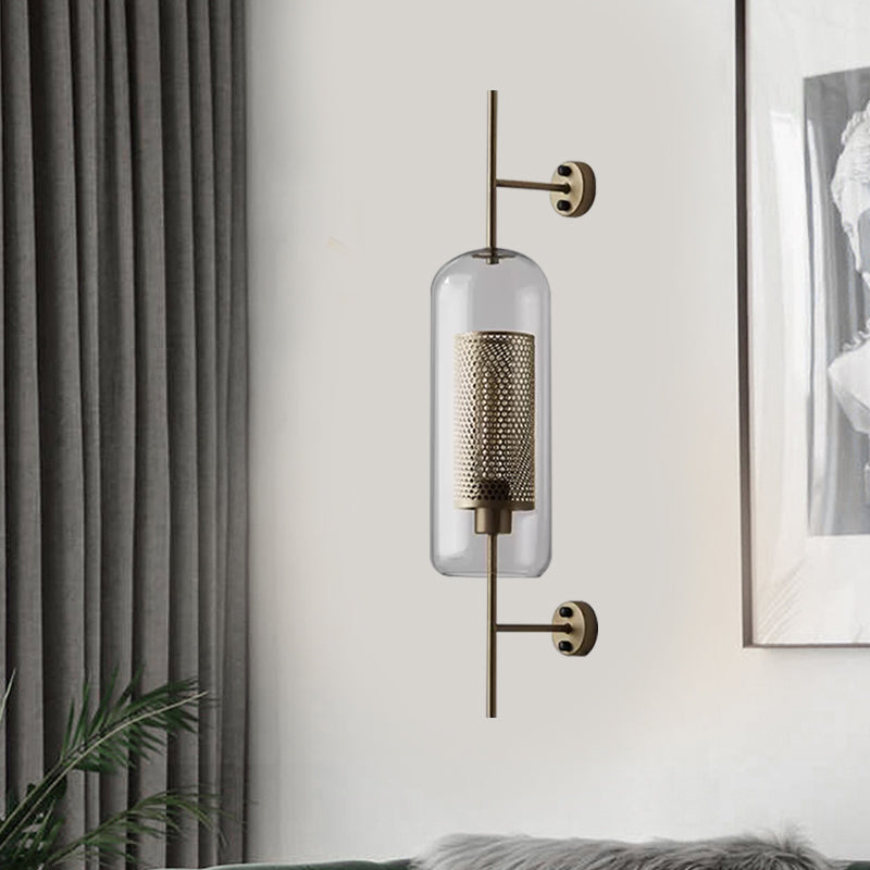 5"/6" W Clear Glass Oval Wall Sconce Colonialism 1 Bulb Bedroom Wall Lighting Fixture with Mesh Screen in Bronze/Silver Gray Clearhalo 'Wall Lamps & Sconces' 'Wall Lights' Lighting' 1473669