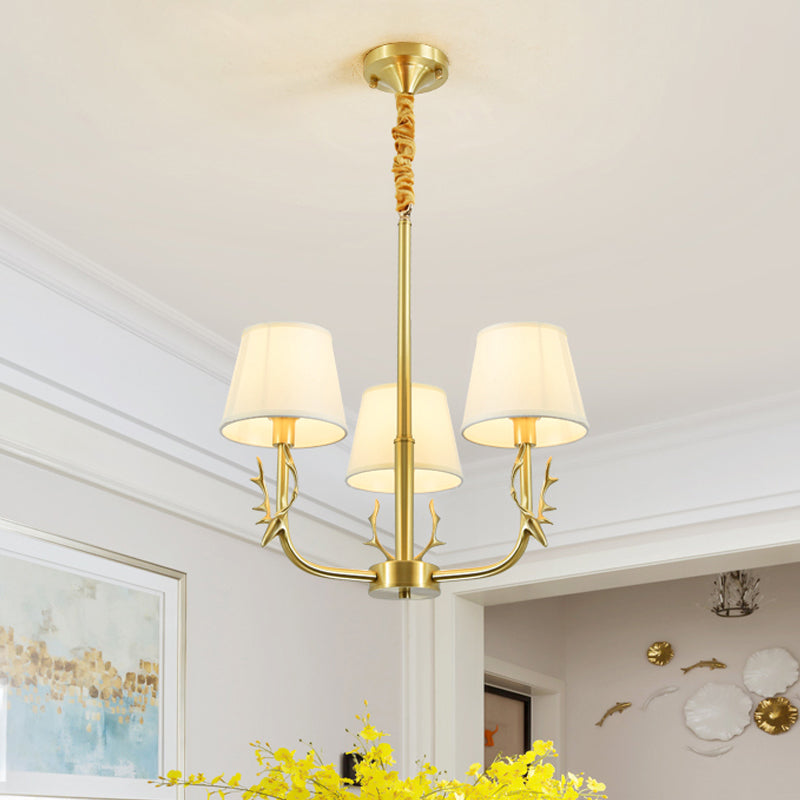 Tapered Fabric Chandelier Colonialism 3/6/8 Lights Living Room Pendant in Gold with Copper Deer Head 3 Gold Clearhalo 'Ceiling Lights' 'Chandeliers' Lighting' options 1473758_56d7838a-4f7d-4e9b-865e-da3e7d1d6416
