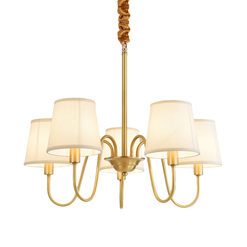 Gold Barrel Pendant Chandelier Colonial Fabric 3/5/8 Bulbs Living Room Ceiling Light with Gooseneck Copper Arm Clearhalo 'Ceiling Lights' 'Chandeliers' Lighting' options 1473769