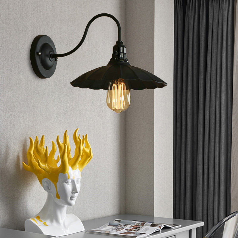 Gooseneck Living Room Wall Mount Light with Scalloped Shade Industrial Metal 1 Bulb Black Wall Sconce, 10"/13" Dia Clearhalo 'Art deco wall lights' 'Cast Iron' 'Glass' 'Industrial wall lights' 'Industrial' 'Middle century wall lights' 'Modern' 'Rustic wall lights' 'Tiffany' 'Traditional wall lights' 'Wall Lamps & Sconces' 'Wall Lights' Lighting' 147378