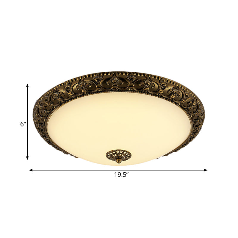 Bowl Frosted Glass Ceiling Fixture Rustic 12"/16"/19.5" W LED Bedroom Flush Mount Lighting in Brass Clearhalo 'Ceiling Lights' 'Close To Ceiling Lights' 'Close to ceiling' 'Flush mount' Lighting' 1473825