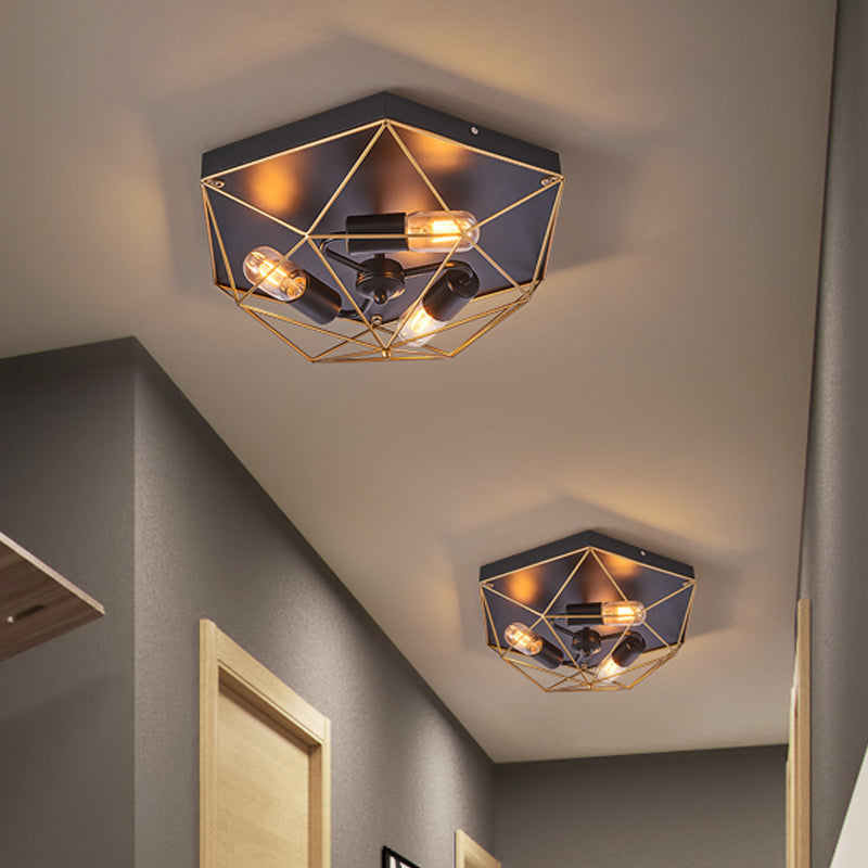 Prism Cage Foyer Ceiling Light Traditional Style Metal 3 Heads Black Flush Mount Lighting Fixture Clearhalo 'Ceiling Lights' 'Close To Ceiling Lights' 'Close to ceiling' 'Flush mount' Lighting' 1473851