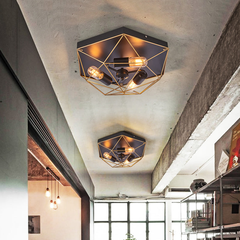 Prism Cage Foyer Ceiling Light Traditional Style Metal 3 Heads Black Flush Mount Lighting Fixture Clearhalo 'Ceiling Lights' 'Close To Ceiling Lights' 'Close to ceiling' 'Flush mount' Lighting' 1473852