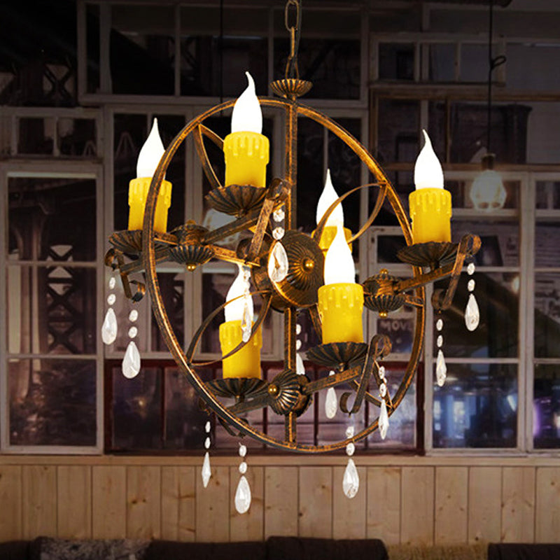 6-Bulb Pendant Chandelier Vintage Candle Iron Hanging Light in Rust with Circle Design and Crystal Decor Clearhalo 'Ceiling Lights' 'Chandeliers' Lighting' options 1473890
