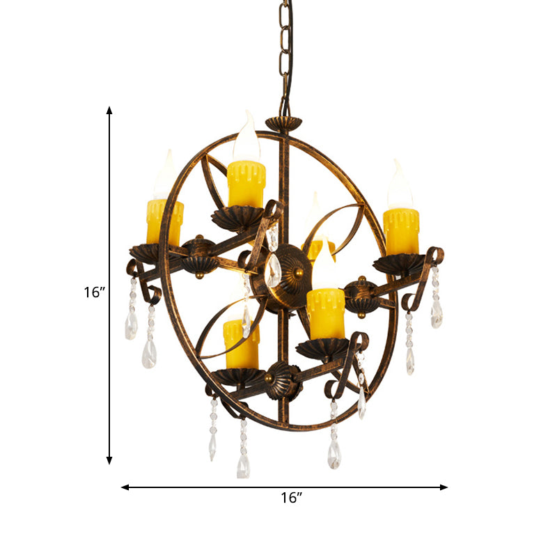 6-Bulb Pendant Chandelier Vintage Candle Iron Hanging Light in Rust with Circle Design and Crystal Decor Clearhalo 'Ceiling Lights' 'Chandeliers' Lighting' options 1473894