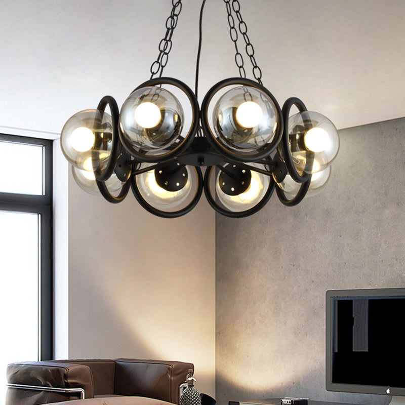 Black 6/8 Bulbs Chandelier Light Industrial Clear Glass Global Pendant Lighting Fixture with Round Cage Clearhalo 'Cast Iron' 'Ceiling Lights' 'Chandeliers' 'Industrial Chandeliers' 'Industrial' 'Metal' 'Middle Century Chandeliers' 'Rustic Chandeliers' 'Tiffany' Lighting' 1473929