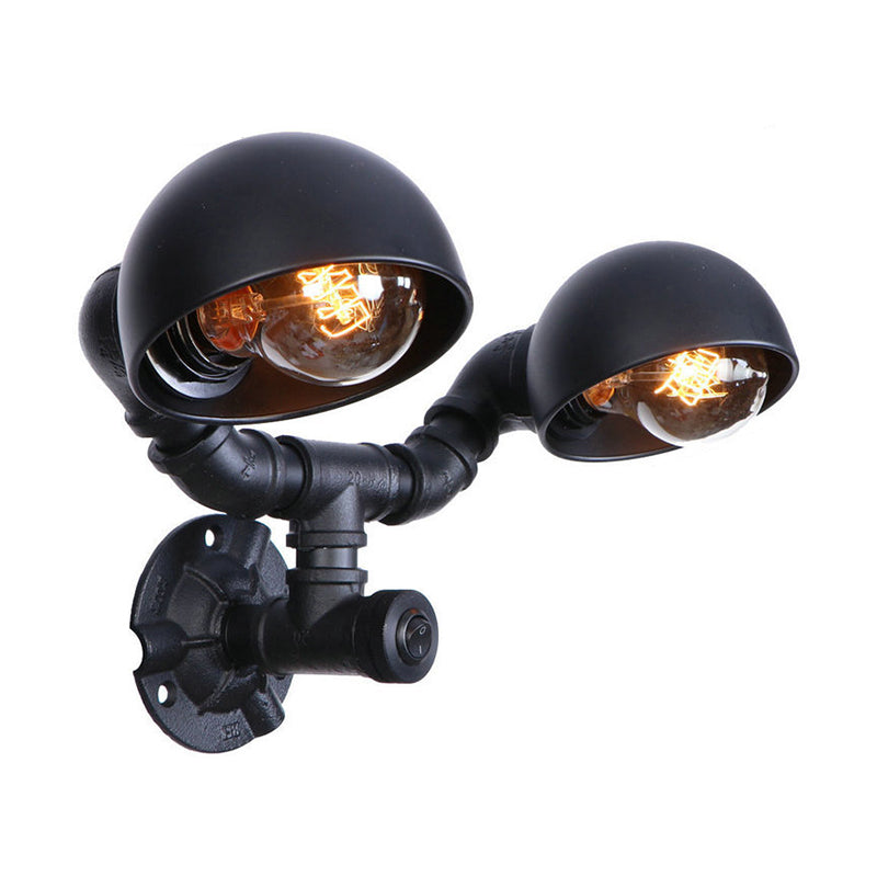 Black 2 Bulbs Wall Light Fixture Industrial Style Metallic Domed Wall Sconce Lamp with Pipe for Corridor Clearhalo 'Art deco wall lights' 'Cast Iron' 'Glass' 'Industrial wall lights' 'Industrial' 'Middle century wall lights' 'Modern' 'Rustic wall lights' 'Tiffany' 'Traditional wall lights' 'Wall Lamps & Sconces' 'Wall Lights' Lighting' 147393