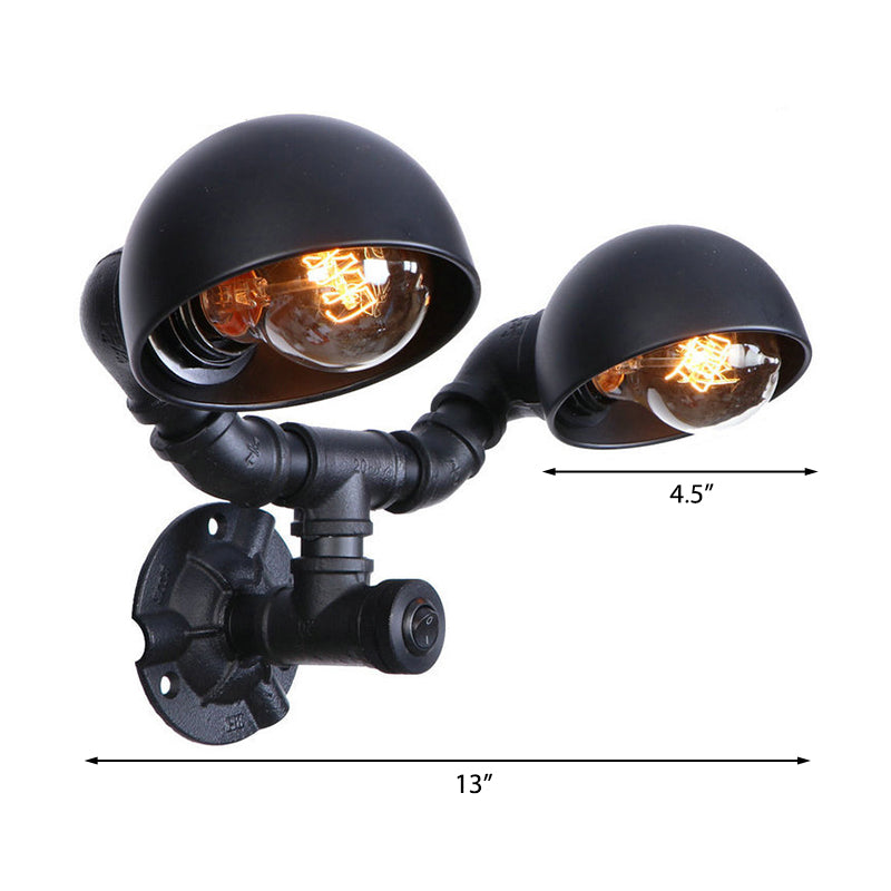 Black 2 Bulbs Wall Light Fixture Industrial Style Metallic Domed Wall Sconce Lamp with Pipe for Corridor Clearhalo 'Art deco wall lights' 'Cast Iron' 'Glass' 'Industrial wall lights' 'Industrial' 'Middle century wall lights' 'Modern' 'Rustic wall lights' 'Tiffany' 'Traditional wall lights' 'Wall Lamps & Sconces' 'Wall Lights' Lighting' 147394