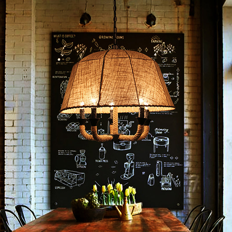Vintage Domed Chandelier Light Fixture 5 Lights Fabric Suspension Lamp in Brown with Hemp Rope Clearhalo 'Ceiling Lights' 'Chandeliers' 'Industrial Chandeliers' 'Industrial' 'Middle Century Chandeliers' 'Tiffany' Lighting' 1473943