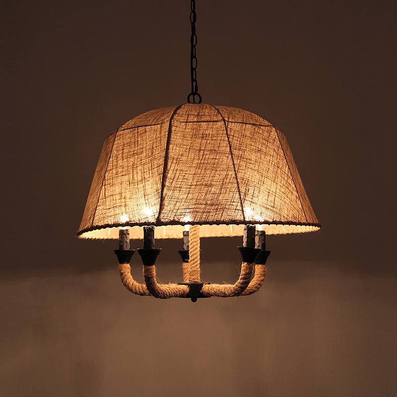 Vintage Domed Chandelier Light Fixture 5 Lights Fabric Suspension Lamp in Brown with Hemp Rope Clearhalo 'Ceiling Lights' 'Chandeliers' 'Industrial Chandeliers' 'Industrial' 'Middle Century Chandeliers' 'Tiffany' Lighting' 1473945