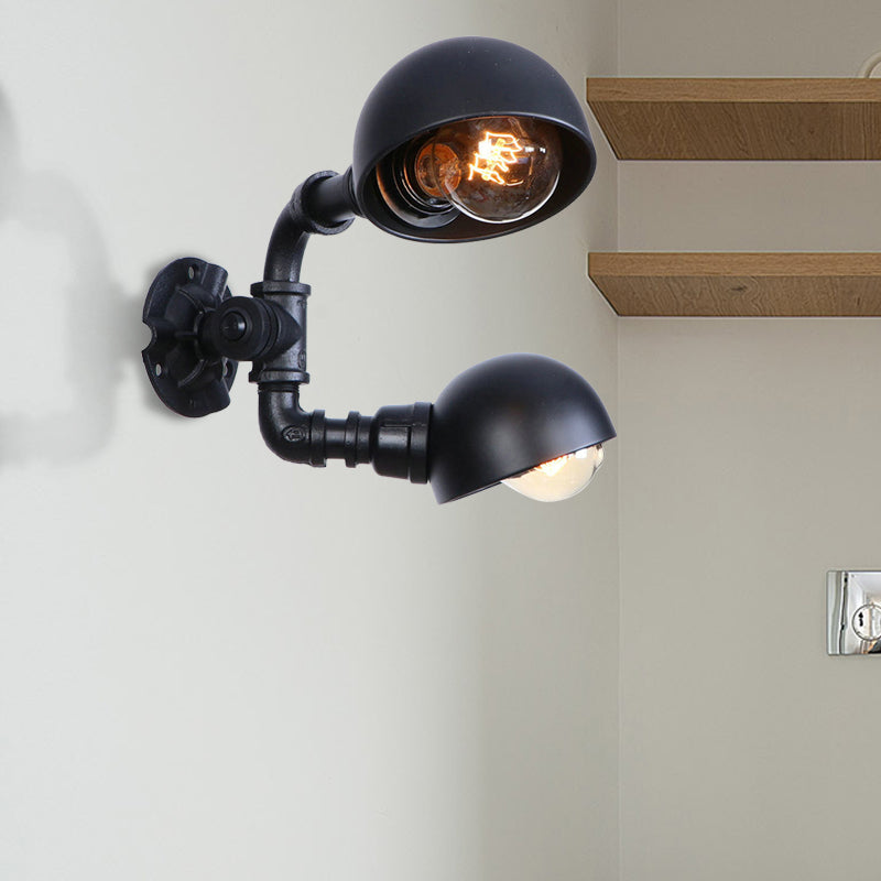 Black 2 Bulbs Wall Light Fixture Industrial Style Metallic Domed Wall Sconce Lamp with Pipe for Corridor Black E Clearhalo 'Art deco wall lights' 'Cast Iron' 'Glass' 'Industrial wall lights' 'Industrial' 'Middle century wall lights' 'Modern' 'Rustic wall lights' 'Tiffany' 'Traditional wall lights' 'Wall Lamps & Sconces' 'Wall Lights' Lighting' 147395