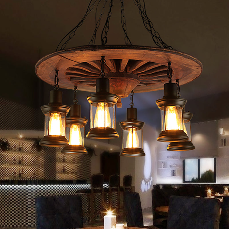 Wheel Restaurant Hanging Chandelier Antique Wooden 6 Heads Black Ceiling Light with Lantern Clear Glass Shade Black Clearhalo 'Carpenter Chandeliers' 'Ceiling Lights' 'Chandeliers' 'Industrial Chandeliers' 'Industrial' 'Middle Century Chandeliers' 'Modern' 'Tiffany' Lighting' 1473962