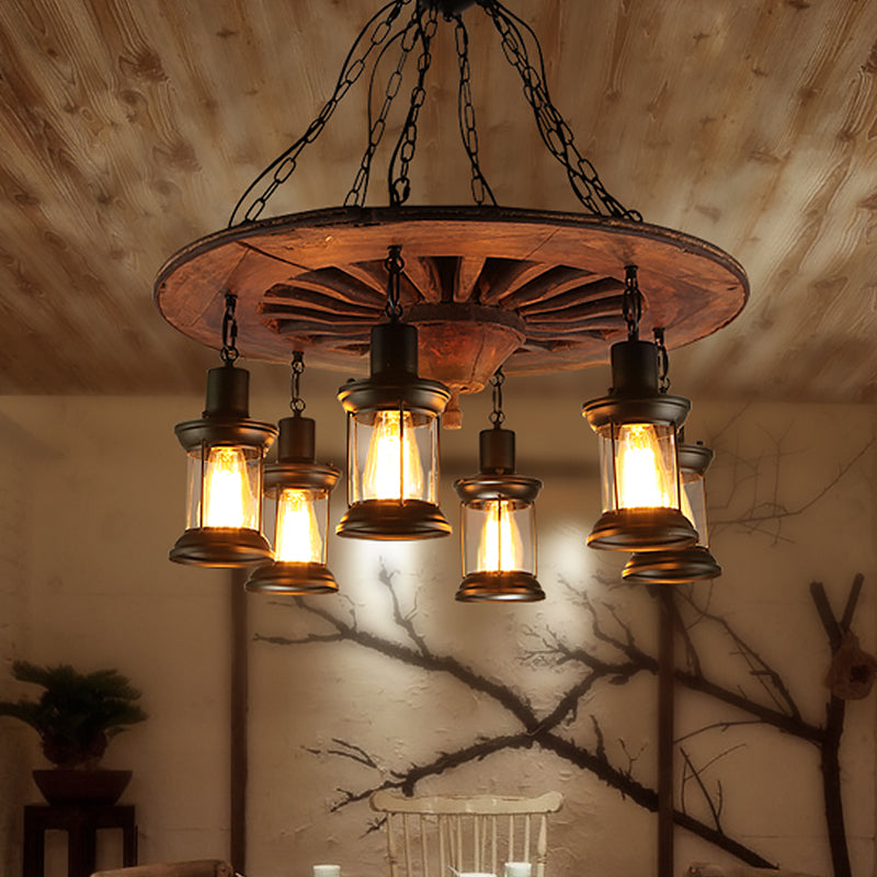 Wheel Restaurant Hanging Chandelier Antique Wooden 6 Heads Black Ceiling Light with Lantern Clear Glass Shade Clearhalo 'Carpenter Chandeliers' 'Ceiling Lights' 'Chandeliers' 'Industrial Chandeliers' 'Industrial' 'Middle Century Chandeliers' 'Modern' 'Tiffany' Lighting' 1473963
