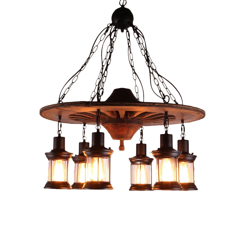 Wheel Restaurant Hanging Chandelier Antique Wooden 6 Heads Black Ceiling Light with Lantern Clear Glass Shade Clearhalo 'Carpenter Chandeliers' 'Ceiling Lights' 'Chandeliers' 'Industrial Chandeliers' 'Industrial' 'Middle Century Chandeliers' 'Modern' 'Tiffany' Lighting' 1473964