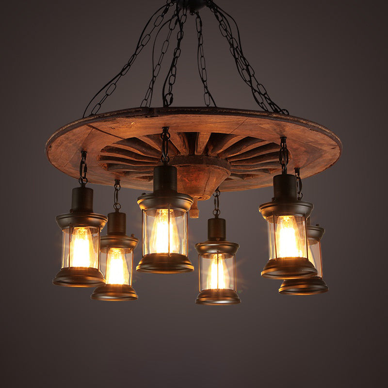 Wheel Restaurant Hanging Chandelier Antique Wooden 6 Heads Black Ceiling Light with Lantern Clear Glass Shade Clearhalo 'Carpenter Chandeliers' 'Ceiling Lights' 'Chandeliers' 'Industrial Chandeliers' 'Industrial' 'Middle Century Chandeliers' 'Modern' 'Tiffany' Lighting' 1473965