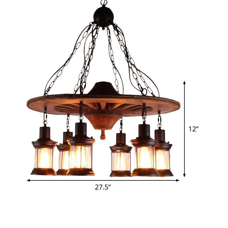 Wheel Restaurant Hanging Chandelier Antique Wooden 6 Heads Black Ceiling Light with Lantern Clear Glass Shade Clearhalo 'Carpenter Chandeliers' 'Ceiling Lights' 'Chandeliers' 'Industrial Chandeliers' 'Industrial' 'Middle Century Chandeliers' 'Modern' 'Tiffany' Lighting' 1473966