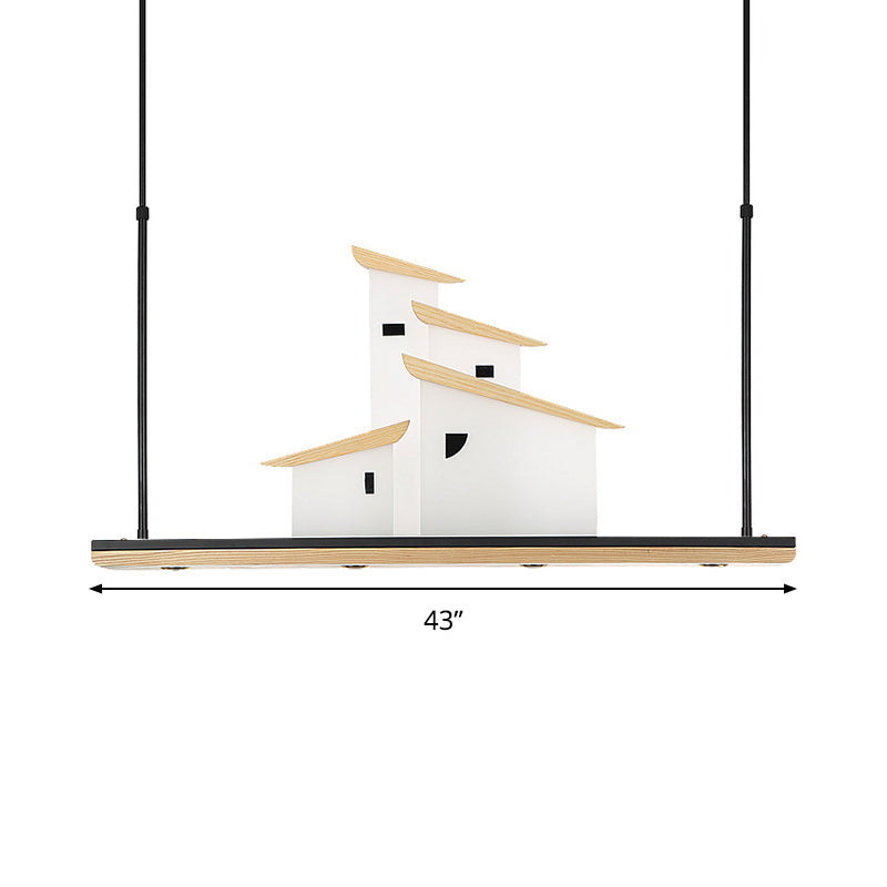 Art Deco House Island Pendant LED Metal Ceiling Light in White with Wood Bracket, Warm/White Light Clearhalo 'Ceiling Lights' 'Island Lights' Lighting' 1474036