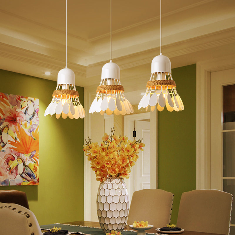 Badminton Dining Room Cluster Pendant Art Deco Iron 3 Heads Black/White Drop Lamp with Rope and Round/Linear Canopy Clearhalo 'Ceiling Lights' 'Pendant Lights' 'Pendants' Lighting' 1474038