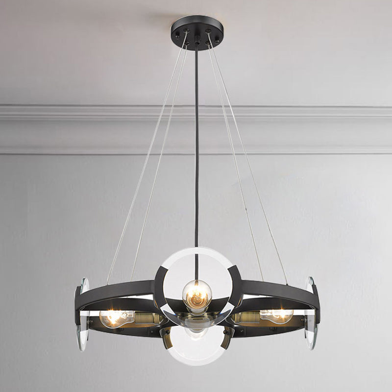 4/6 Lights Circular Pendant Chandelier Farmhouse Black Metallic Ceiling Light with Clear Glass Shade Clearhalo 'Ceiling Lights' 'Chandeliers' Lighting' options 1474186