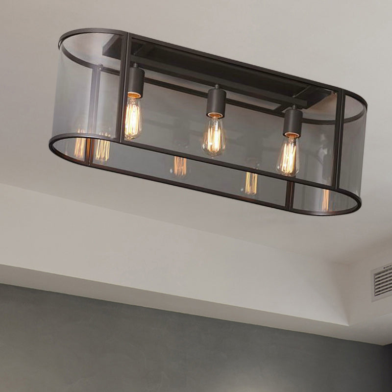 3 Heads Flush Light Warehouse Corridor Metal Flush Mount Lighting with Oval Clear Glass Shade in Black/Gold Clearhalo 'Ceiling Lights' 'Close To Ceiling Lights' 'Close to ceiling' 'Flush mount' Lighting' 1474202