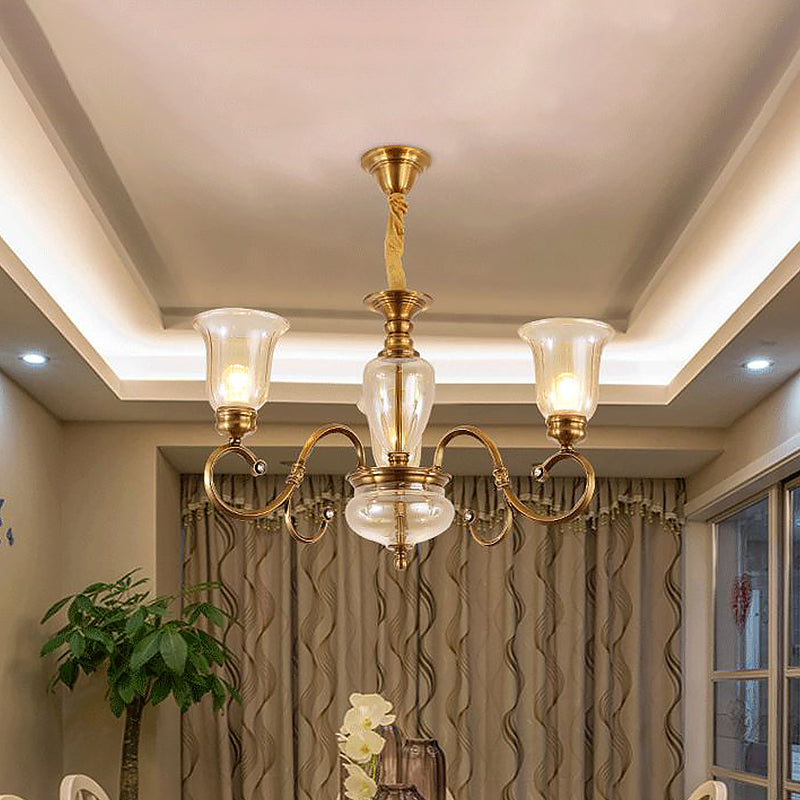 Bell Living Room Chandelier Lamp Farmhouse Clear Glass 3/6/8 Lights Brass Suspension Lighting with Metal Swooping Arm Clearhalo 'Ceiling Lights' 'Chandeliers' Lighting' options 1474211