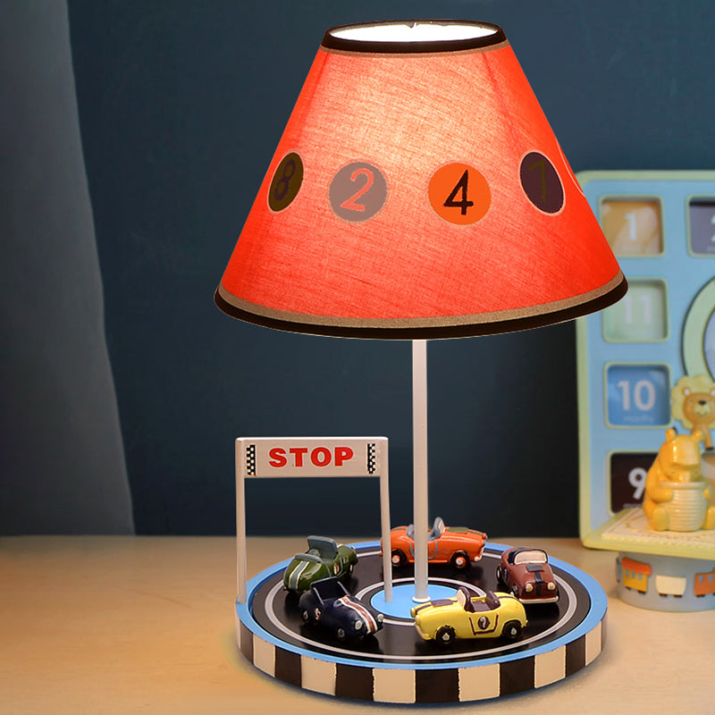 Kids Tapered Fabric Table Light 1-Bulb Nightstand Lighting in Red with Racing Vehicle Decor Red Clearhalo 'Lamps' 'Table Lamps' Lighting' 1474274