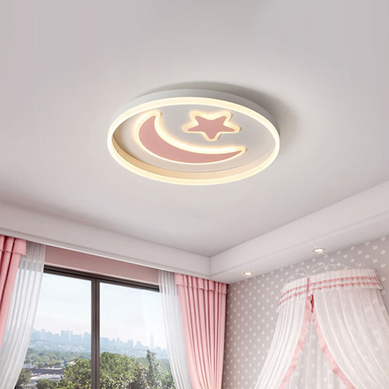 LED Bedroom Flush Mount Lighting Kids White/Pink/Blue Flush Light Fixture with Moon and Star Acrylic Shade Clearhalo 'Ceiling Lights' 'Close To Ceiling Lights' 'Close to ceiling' 'Flush mount' Lighting' 1474456